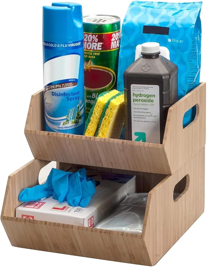 MobileVision XL Bamboo Storage Bins for Bathroom Cabinet Organizer, 2 PIece Stackable Set, Holds Toilet Paper, Wipes, Magazines, Cleaning Supplies, and more