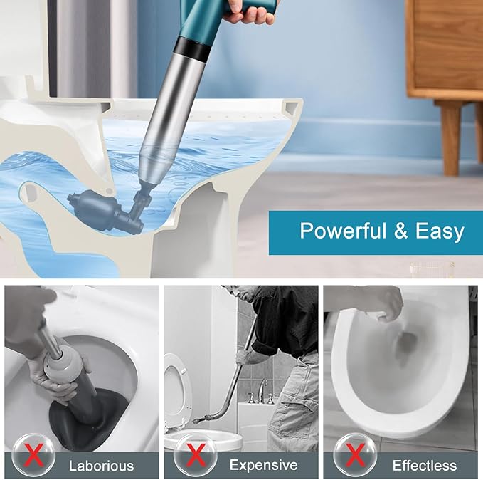 Toilet Plunger Drain Clog Remover: High Pressure Air Drainage Blaster Gun Clog Remover Tool- Stainless Steel Air Plunger for Bathroom, Sink, Floor, Kitchen Clogged