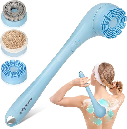 Electric Body Brush, Waterproof Back Scrubber for Shower with Long Handle and 3 Heads, Rechargeable Exfoliating Brush for Body and Foot, Deep Cleansing Massager, Blue
