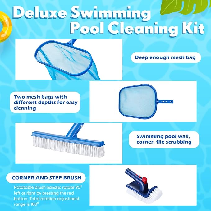 Swimming Pool Cleaning Kit Including 3 Pool Skimmer Net 3 Brush and Aluminum Adjustable Pole for Cleaning Walls Ideal Clean Kit for Above Ground