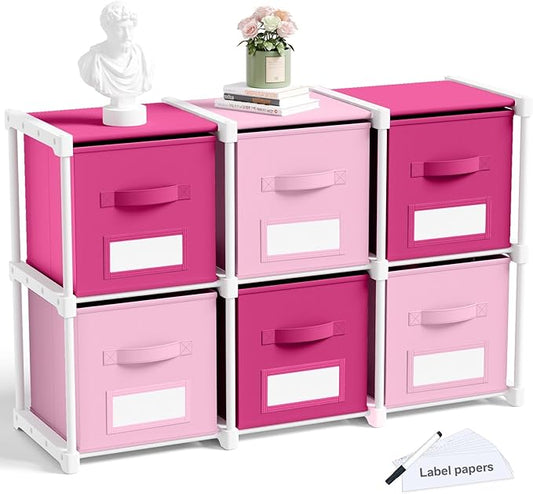 Geelin 6 Sets Cube Storage Organizer Bins with Shelf & Labels 11 Inch, Fabric Collapsible Cubby Toys Clothes Storage Drawer Unit for Daycare Nursery Playroom Bedroom Dorm Organizer (Pink Mix)