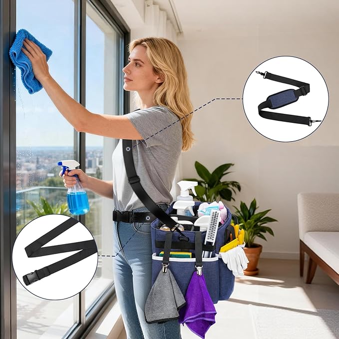 Ytonet Wearable Cleaning Caddy Bag, Large Cleaning Supplies Organizer with 4 Foldable Dividers, Kitchen Caddy Organizer with Handle & Adjustable Shoulder Straps for Cleaners & Housekeeper, Blue