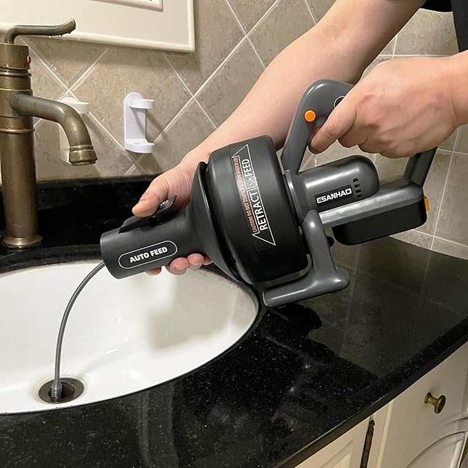 Electric Drain Auger 25ft Cordless Drain Cleaner machine auto feed plumbing snake for kitchen sink, showers, toilet et 3/4-2" Pipe drain clog (Standard) (Upgraded)