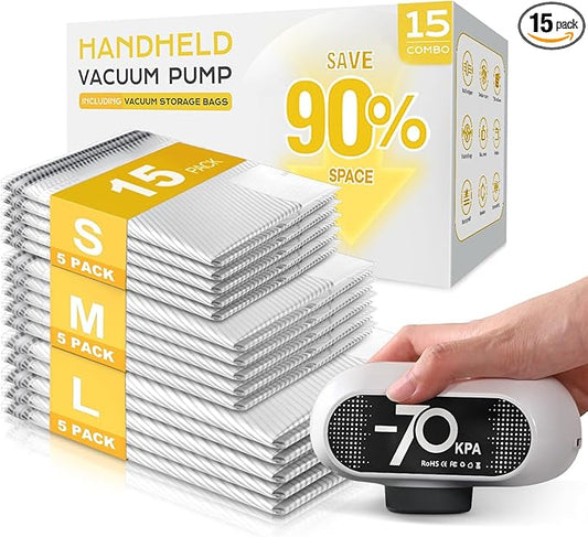 15 Pack Vacuum Storage Bags with -70KPa Electric Pump, Premium Tear-Resistant Reusable Bags for Clothing, Space Saving Essentials for Travel, White