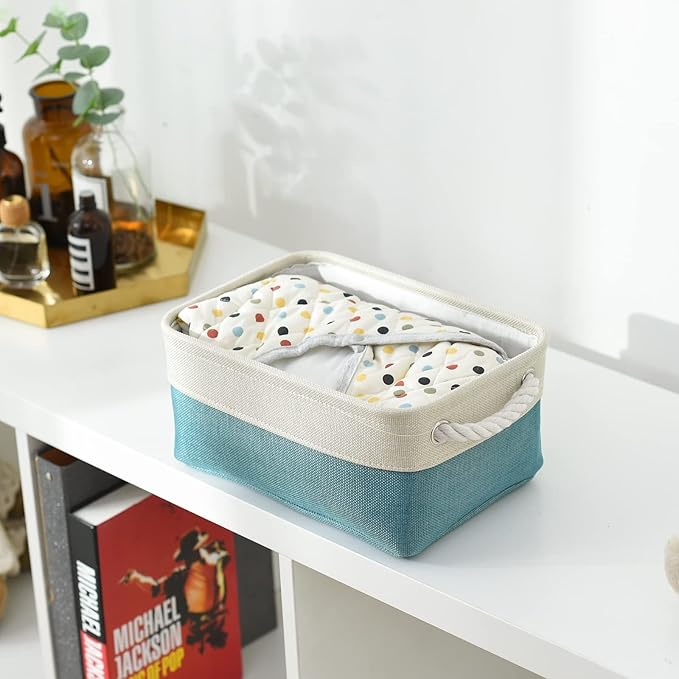 TheWarmHome Fabric Storage Bin with Handles,Storage Basket for Home Storage and Organization, Shelf Basket with Cover for Living Room Bedroom Decor Closet???White & Green,Small ,11.8L??7.9W??5.2H