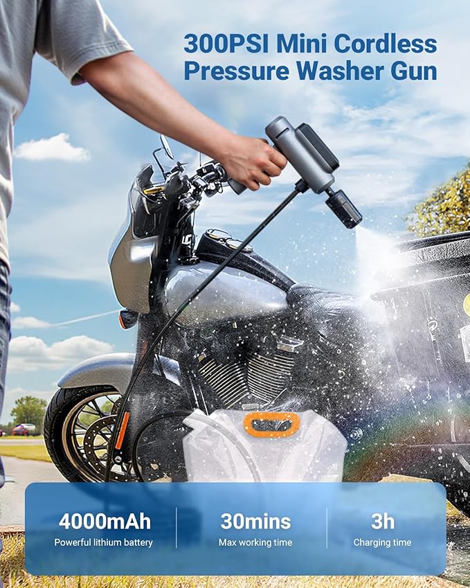 SEALIGHT Foldable Cordless Pressure Washer, 300 PSI Portable Power Washer with 4.0Ah Battery 5-in-1 Nozzle Type-C Charging Battery Operated Power Washer for Cars, Bicycles, Camping and Patio