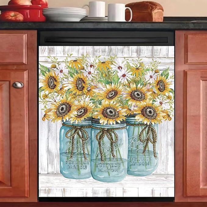 Farm Sunflower Dishwasher Cover Magnet Sticker, Vase Sunflowers Fridge Decal Magnetic Panel, Farm Style Vinyl Home Appliance Cover, Magnetic 23"x26"INCH