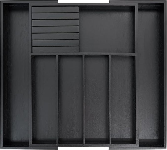 VaeFae Bamboo Silverware Drawer Organizer Kitchen, Expandable Utensil Organizer with Knife Block, Cutlery Tray with Divider, Multifunctional Drawer Organizer (Black)