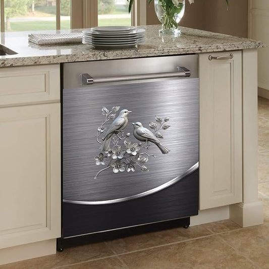 Grey Metal Silver Pattern,Dishwasher Cover Sheet, Magnetic Bird Flower Polishing Steelbird Dishwasher Skin Decor, Silver Texture, 23X26 INCH Magnet Rerigerator Wrap, Kitchen Panel Full Decal