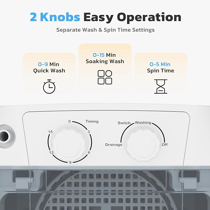 INTERGREAT Portable Washing Machine, 5.5 Lbs Compact Mini Portable Washer, 110V Single Tub Laundry Washer Machine for Apartments, Dorms, Traveling, RV, Grey