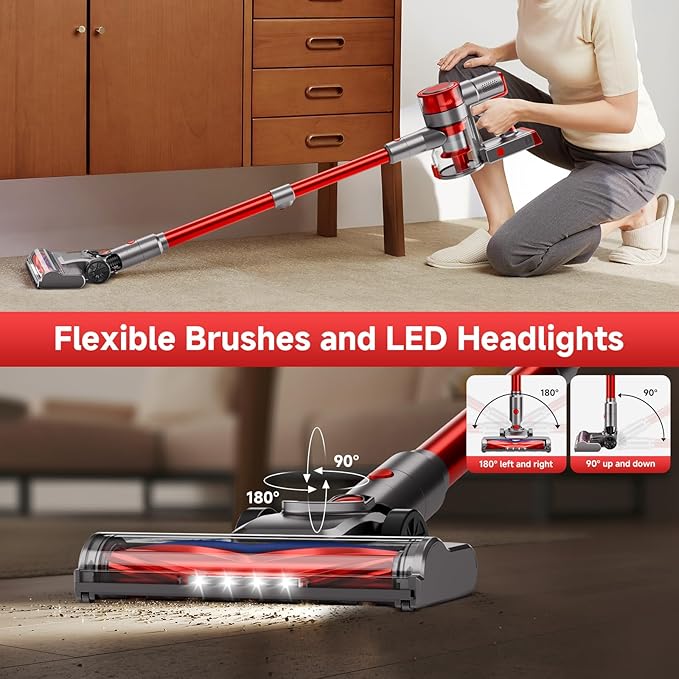 Cordless Vacuum Cleaner, Powerful Stick Vacuum Cleaner for Home with Rechargeable Battery, 6-in-1 Lightweight Handheld Vacuum, 45 Mins Runtime for Hardfloor & Carpets Pet Hair (red)
