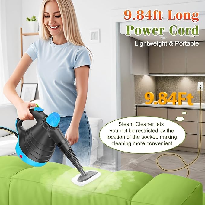 Handheld Pressurized Steam Cleaner, 1050W Multi-Surface Steamer for Cleaning, 9 Accessories Multi-Purpose Steamer for Home Use, Chemical-Free Natural Steam Cleaner for Car Floor Couch Grout (Blue)