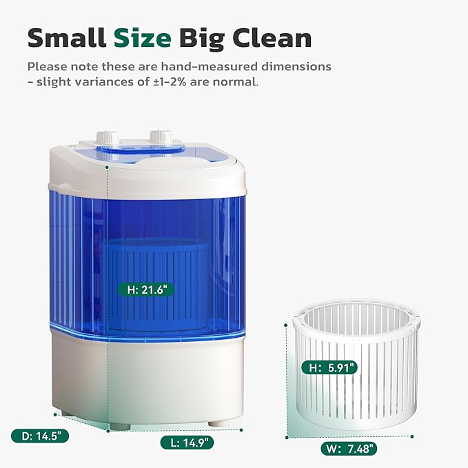 Greenvelly Portable Washing Machine, Single Tub Small Laundry Washer with Spin Basket, 6.6lbs Portable Washer Dryer Combo for Apartments,Dorms (Blue)