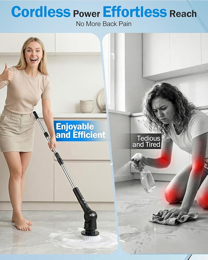 Electric Spin Scrubber, 3-Speed Cordless Shower Scrubber with Long Handle & 10 Replaceable Brush Heads, 90 Mins Runtime & Full-Body IPX7 Waterproof Shower Cleaner Brush for Bathroom Kithchen