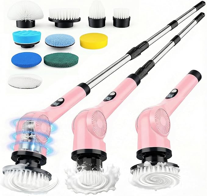 Electric Spin Scrubber, 3-Speed Cordless Shower Scrubber with Long Handle & 10 Replaceable Brush Heads, 90 Mins Runtime & Full-Body IPX7 Waterproof Shower Cleaner Brush for Bathroom Kithchen