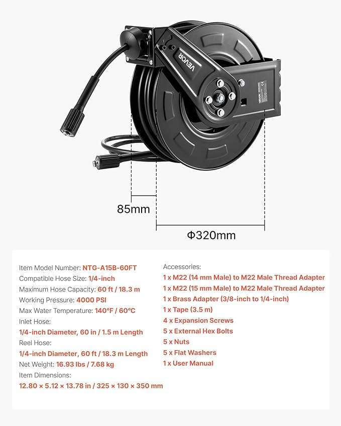 VEVOR Pressure Washer Hose Reel, 60 ft x 1/4 inch Retractable Power Heavy-Duty Steel Washer Hose Reel, 4000PSI Max, Auto-Rewinding, Flexible Wall/Floor Mounted for Car Washing,Garden,Floor Cleaning