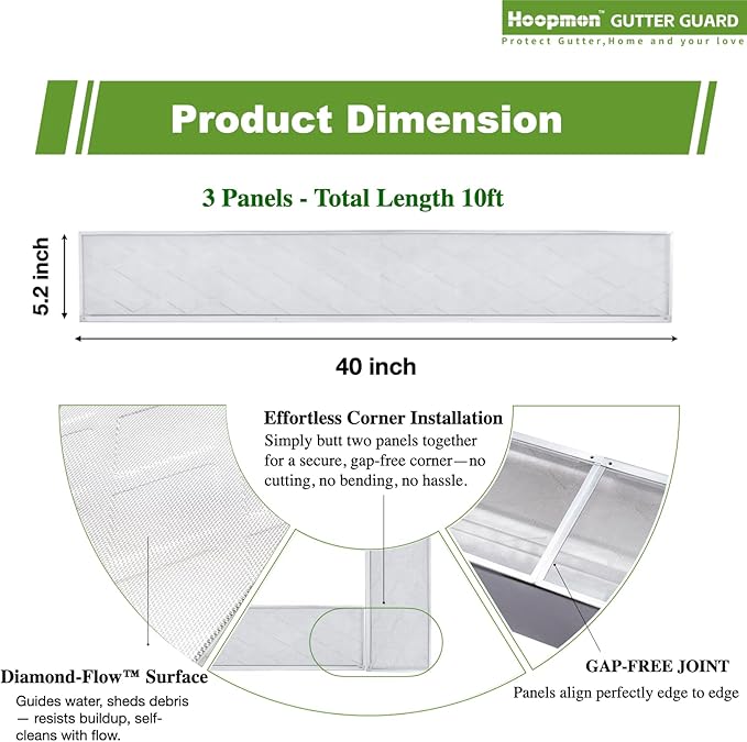 Gutter Guard – 100% Stainless-Steel Micro-Mesh Design, Pine Needle & Small Debris Protection, Fits 5 in K‑Style & Half‑Round Gutters, DIY Screws Included (10ft, 3pcs, 5in x 40in)