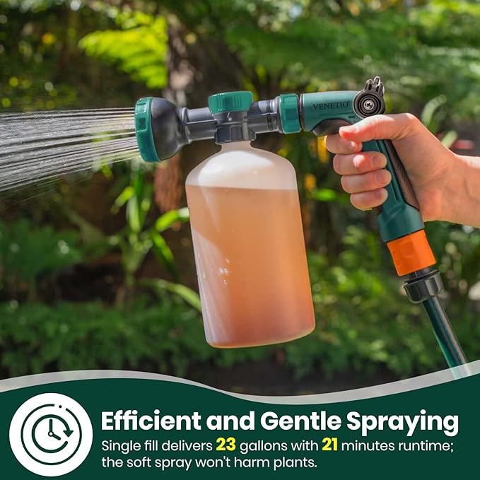 VENETIO 8-Dial Hose-End Sprayer Pro with Quick Connector for Liquid Fertilizer | Lawn and Garden Nozzle Spreader for Uniform Fertilizing, Pet Washing and Outdoor House Cleaning, 34oz Dispenser Bottle
