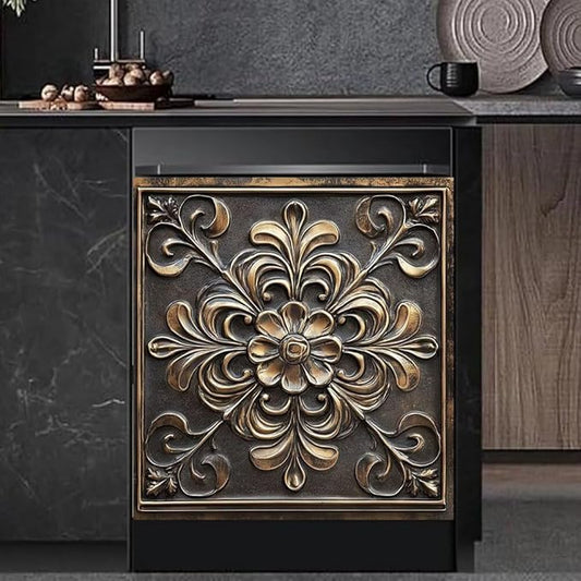 Kitchen Decor Dishwasher Magnet Cover Decal, Bronze and Gold Floral Medallion Magnetic Dish Washer Panel Door Vinyl Sticker, Refrigerator Magnets,Easy to Clean, 23 x 26 inch