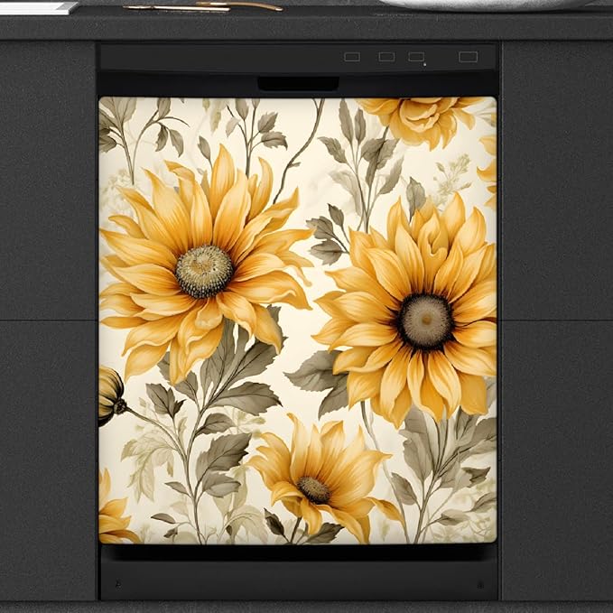 Dishwasher Magnet Cover Retro Sunflower Florals Flower Pattern Reusable Dishwasher Magnetic Cover Sticker Decorative Dish Washer Door Cover Panel for Home Kitcen Appliance, 21x26 in