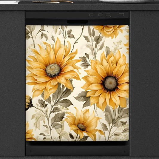 Dishwasher Magnet Cover Retro Sunflower Florals Flower Pattern Reusable Dishwasher Magnetic Cover Sticker Decorative Dish Washer Door Cover Panel for Home Kitcen Appliance, 21x26 in