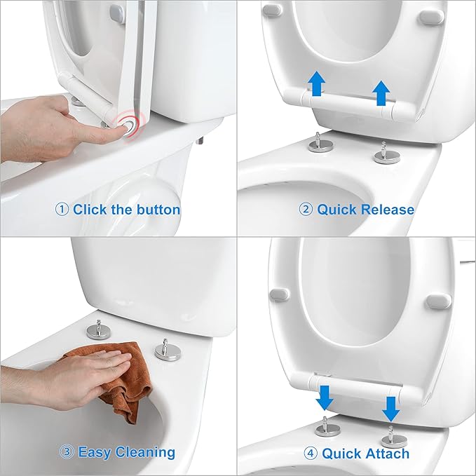 Hibbent Premium Round Toilet Seat with Cover Quiet Close, One-Click to Quick Release, Easy Installation Non-Slip Seat Bumpers, Slow Close Toilet Seat and Cover, Easy Cleaning-White Color