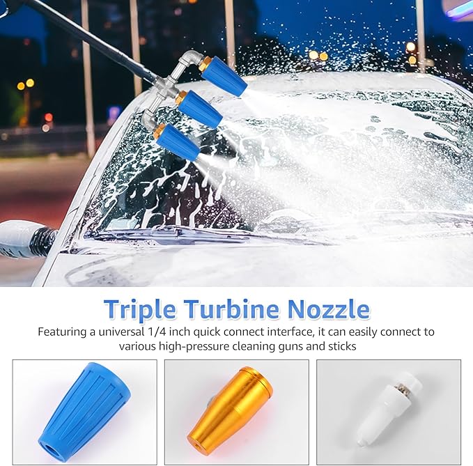 3 in 1 Pressure Washer Nozzle 360° Rotating 4000 PSI with 1/4" Quick Connector Pressure Washer Tip Turbine Nozzle Time Saving Triple for Cleaning Driveways Walls Decks