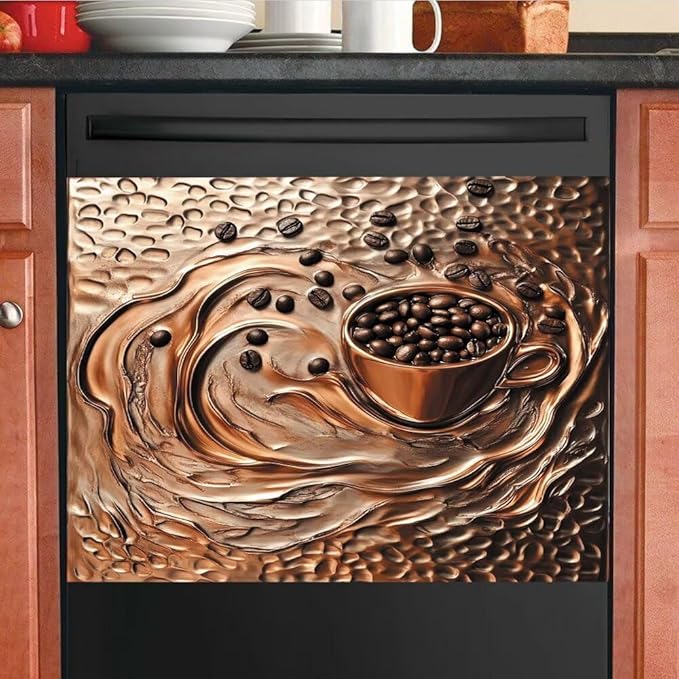 Coffee Copper Relief Effect Dishwasher Magnetic Cover for Door Front 23x17 Inch Dish Washer Magnet Panel Decal for Fridge Home Appliance Kitchen Decoration