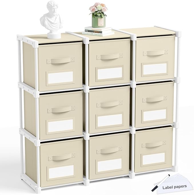 Geelin 9 Sets Cube Storage Organizer Bins with Shelf & Labels 11 Inch, Fabric Collapsible Cubby Toys Clothes Storage Drawer Unit for Daycare Nursery Playroom Bedroom Dorm Organizer (Khaki)