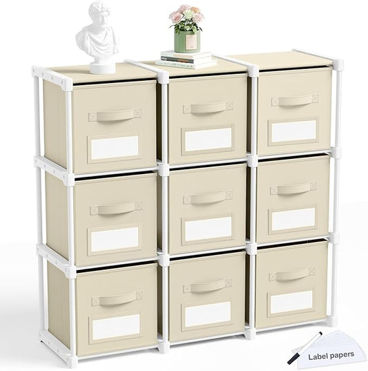 Geelin 9 Sets Cube Storage Organizer Bins with Shelf & Labels 11 Inch, Fabric Collapsible Cubby Toys Clothes Storage Drawer Unit for Daycare Nursery Playroom Bedroom Dorm Organizer (Khaki)