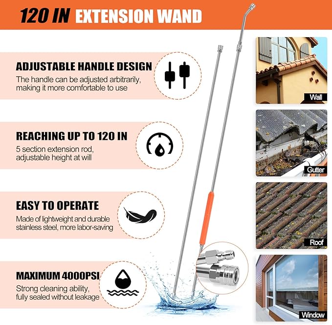 120" Gutter Cleaning Tools From the Ground, Pressure Washer Extension Wand with 5 Power Washer Nozzle Tips Max 4000 PSI 360° Rotating Spray Turbo Nozzle Pressure Washer