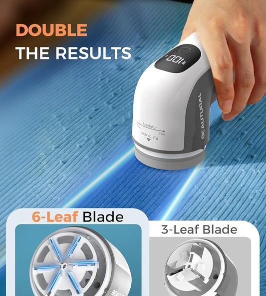 BEAUTURAL Fabric Shaver and Lint Remover, Portable Sweater Defuzzer | Rechargeable, 3 Speeds, 6 Leaf Blades, Digital LED Display, Remove Pilling for Clothes, Furniture, Couch, Blanket - Image 2