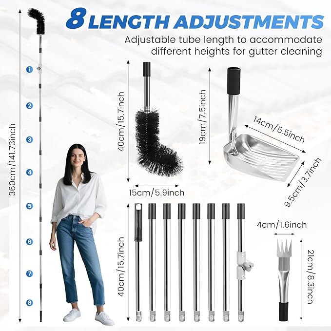 11.8FT Gutter Cleaning Tools from the Ground, Adjustable Length Gutter Cleaning Pole with Gutter Scoop, Gutter Brush, Gutter Rake, Efficient Gutter Cleaner for Leaves, Twigs & Debris