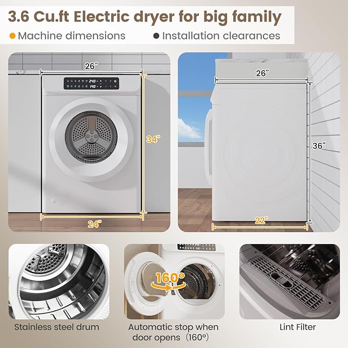 VCJ 3.6 cu.ft Portable Dryer, 1400W Electric Clothes Dryer with 12 Drying Modes & LED Control Panel, Front Load Compact Dryer for Home, Apartment, Dorms