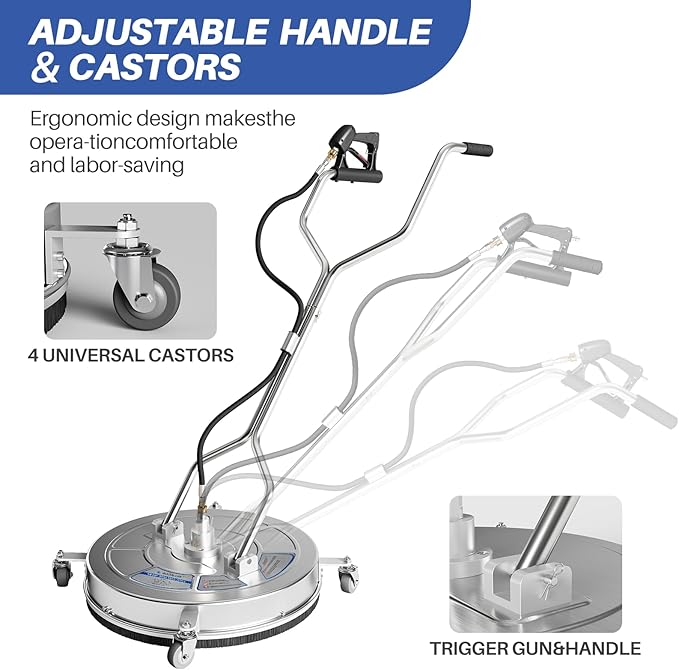 24" Pressure Washer Surface Cleaner with 4 Wheels, Dual Handle,Stainless Steel Housing, 4 Replacement Nozzle Cores and 2 Hose Adapters, Ideal for Driveways, Sidewalks, Patios, Decks Cleaning