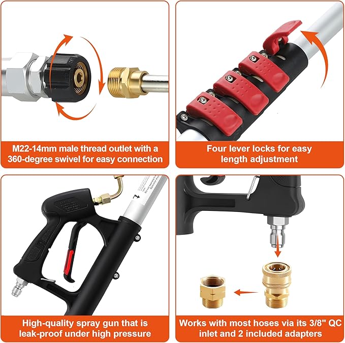 Telescoping Pressure Washer Wand 24 ft Pressure Washer Extension Wand 24 Feet Power Washer Extension Wand Aluminum with Brush Head,Gutter Cleaner, 5 Spray Nozzle Tips, 2 Hose Adapters, Support Belt