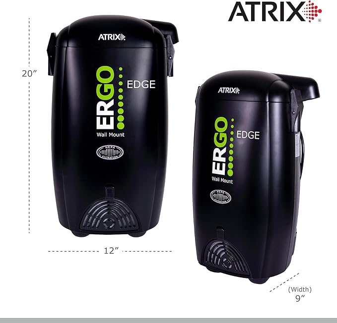 Atrix Ergo Edge Canister Shop Vac-Wall Mounted Garage Vacuum Cleaner with Built-in Dust Bag & Extendable Hose-Compact Black Design, 20 x 9 x 12