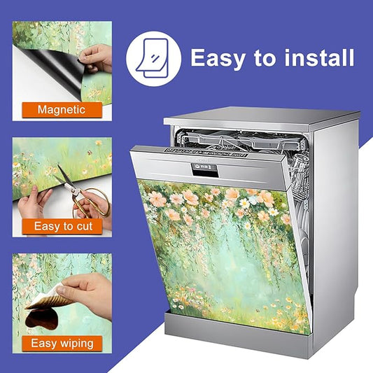 Dishwasher Magnet Cover 23x26 in Soft Peach Blossoms and Wildflowers on Aqua Canvas Magnetic Dishwasher Cover for Kitchen Appliance Decoration Front Panel Sticker Panel Home Decor