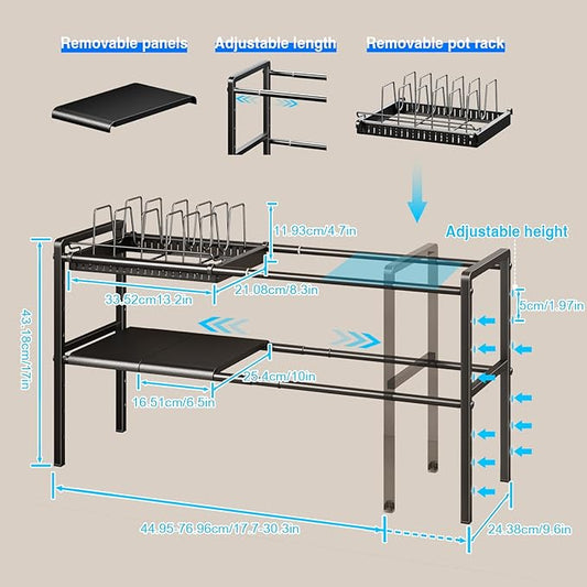 Pots and Pans Organizer Under Cabinet, Expandable 2 Tier Under Sink Organizers and Storage Adjustable Height Kitchen Pot and Pan Lid Holder Rack with 6 Dividers(6panels,1 Pot rack, Black)