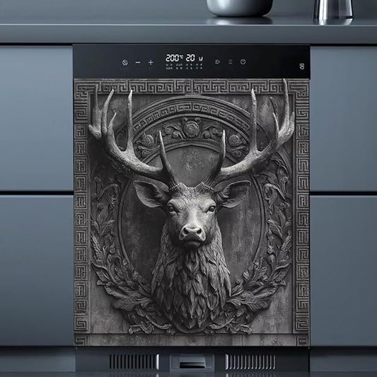 3D Deer Head Dishwasher Magnetic Full Door Sticker, Gray Stone Flower Carving Magnet Refrigerator Cover for Home Appliance, Animal Deer Vinyl Decal for Dishwasher (23" x 26" Magnetic)