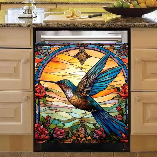 Hummingbird Dishwasher Covers for The Front, Stained Glass Window Refrigerator Door Cover Decals, Colorful Flower Vinyl Decal for Dishwasher, (23" x 26" Ordinary)
