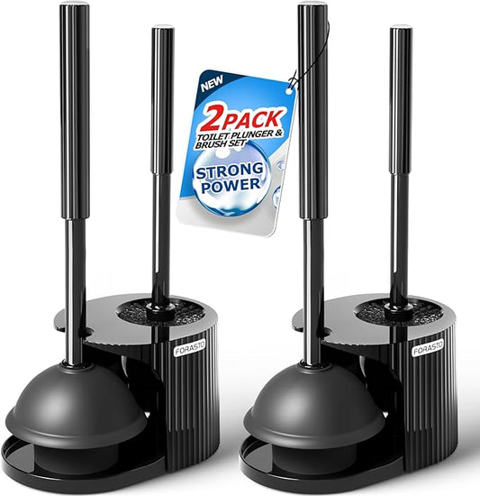 2Pack 2 in 1 Toilet Brush and Plunger Set, Extended Handle Plunger,Toilet Bowl Brush Plunger Set,Bathroom Cleaning Tools,Toilet Brush Plunger Combo,Cleaning Supplies，Black