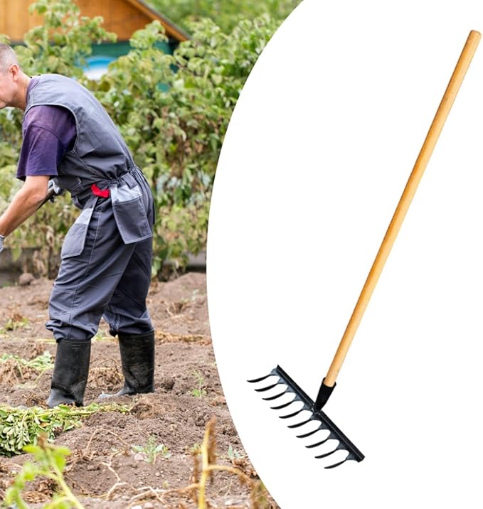 Garden Tool for Soil Preparation Wooden Handle Rake for Flower Beds, 10 Teeth 33x12x10cm