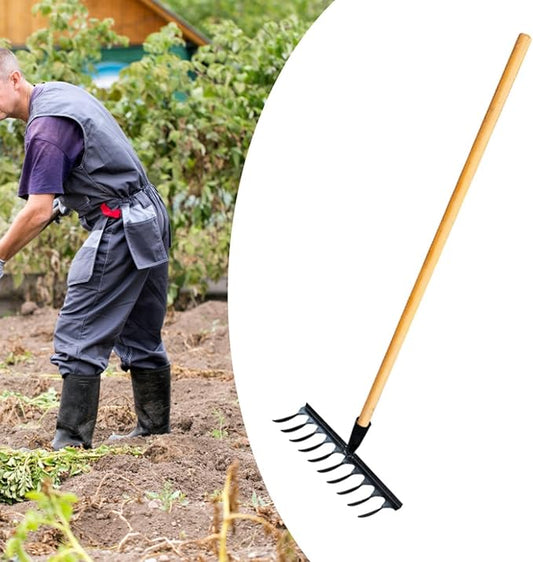 Garden Tool for Soil Preparation Wooden Handle Rake for Flower Beds, 10 Teeth 33x12x10cm