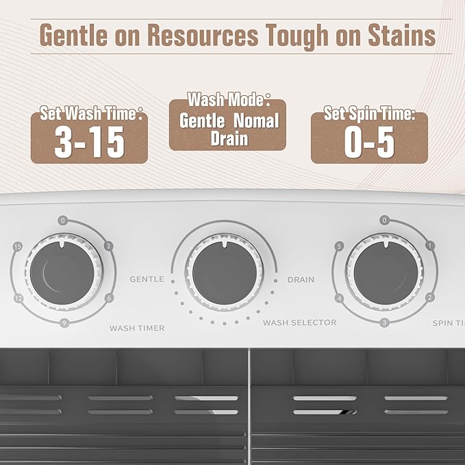 Greenvelly Portable Washing Machine, 16 Lbs Compact Mini Washer and Dryer Combo, Semi-automatic Twin Tub Laundry Washine with Drain Pump for Dorms, Apartments, RVs (Grey)