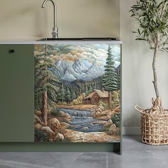 Mountain Cabin Landscape Kitchen Decor Dishwasher Magnet Cover Decal, Rustic Nature Scene with River and Pine Trees Magnetic Dish Washer Panel Vinyl Sticker, Refrigerator Magnets,23 x 26 inch