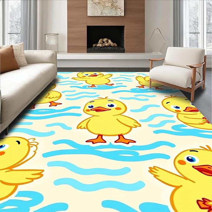 Flatwoven High Traffic Area Rug 8x10, Whimsical Pond Life Cartoon Animal Illustration Hook, Non Slip, Stain Resistant, Washable Area Rugs for Living Room, Bedroom (Yellow, 8x10)
