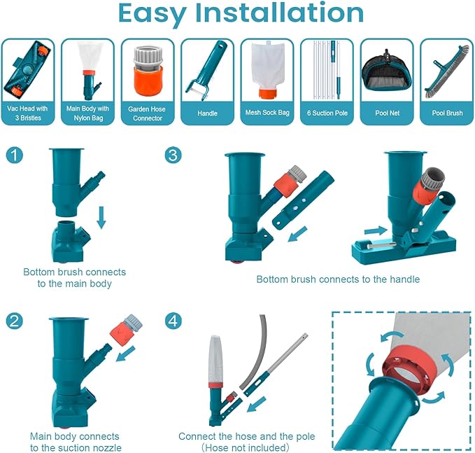 Above Ground Pool Cleaning Kit with Garden Hose Pool Vacuum, Aluminum Frame Leaf Rake Net, Wall Brush and 8Ft Pole for Remove Leaves & Debris