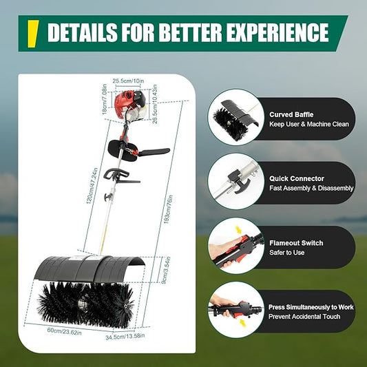 52CC 2.3HP Outdoor Hand Held Gas Power Broom 2-Stroke Gasoline Power Broom Walk Behind Sweeper Cleaning Driveway Tools High Performance Cleaner (1.7kw)