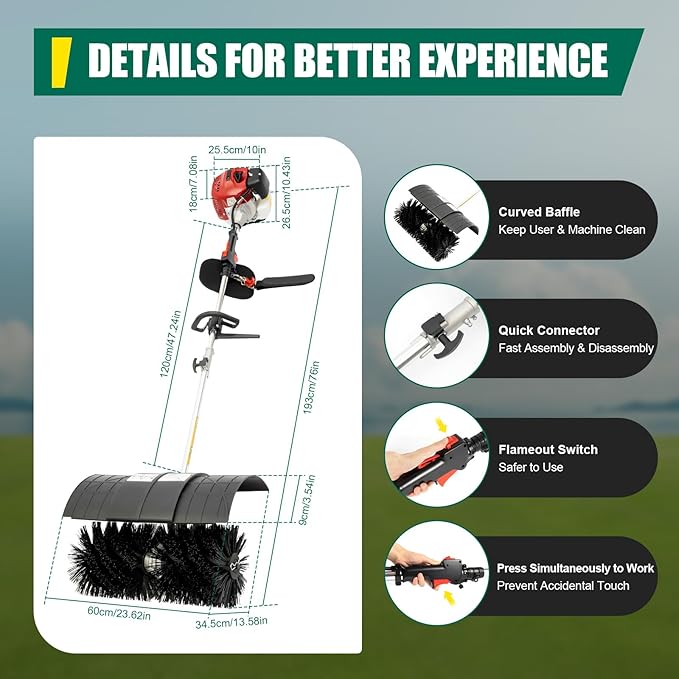 Handheld Sweeper,52CC Gas Power Sweeper Broom Driveway Turf Artificial Grass Snow Clean,2-Stroke 2.3HP Engine Sweeping Lawns Brush Lawn Cleaner Tools for Boulevards,Driveways,Lawns,Sidewalks